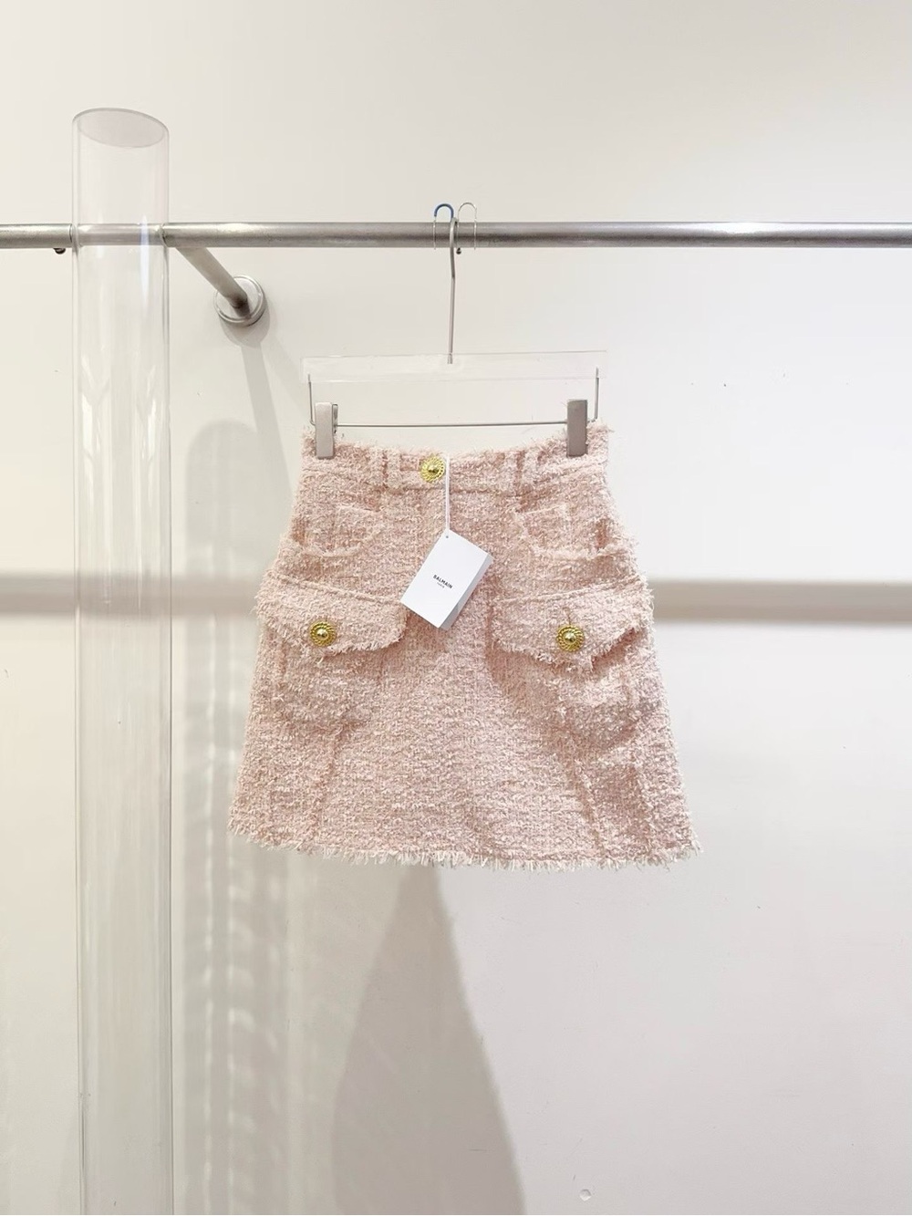 Balmain Pink Bouclé Pocket Mini Skirt with Gold Buttons